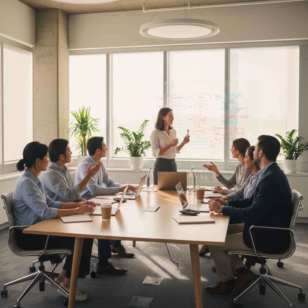 Una mujer presenta un diagrama en una pizarra de cristal ante un equipo de profesionales sentados alrededor de una mesa de reuniones en una oficina iluminada.